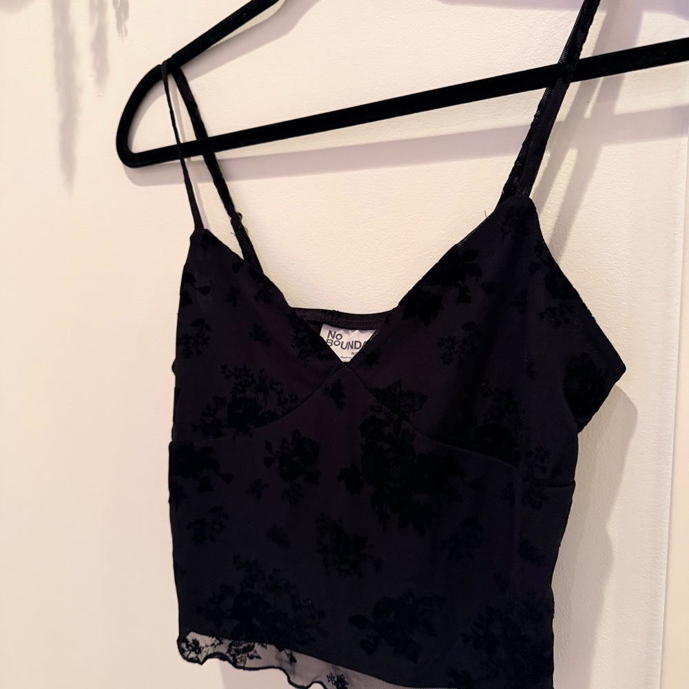 No Boundaries Y2K Black Lace Mesh Lettuce Trim Floral Velvet Women's Cami Size M - Picture 3 of 9